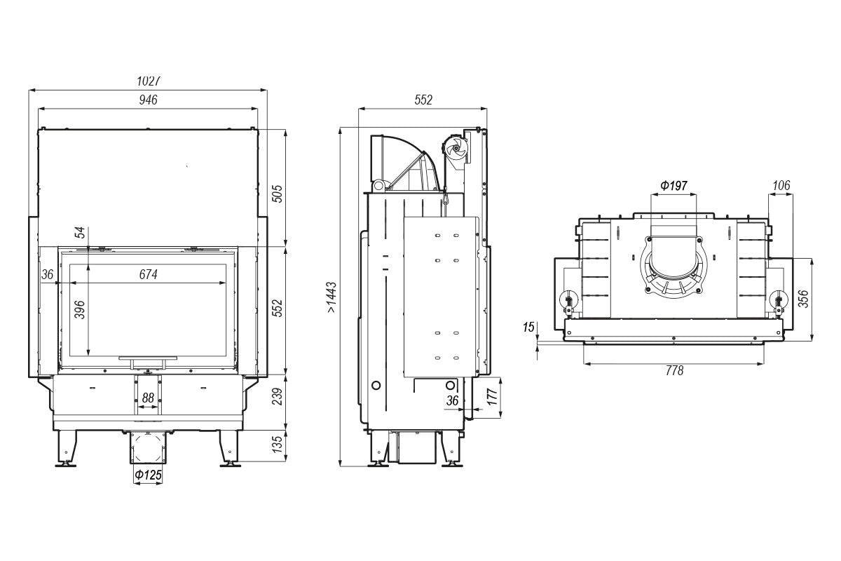 Intra ME G - Bild på den tekniska ritningen för insatskaminen Intra ME G från EuroFire