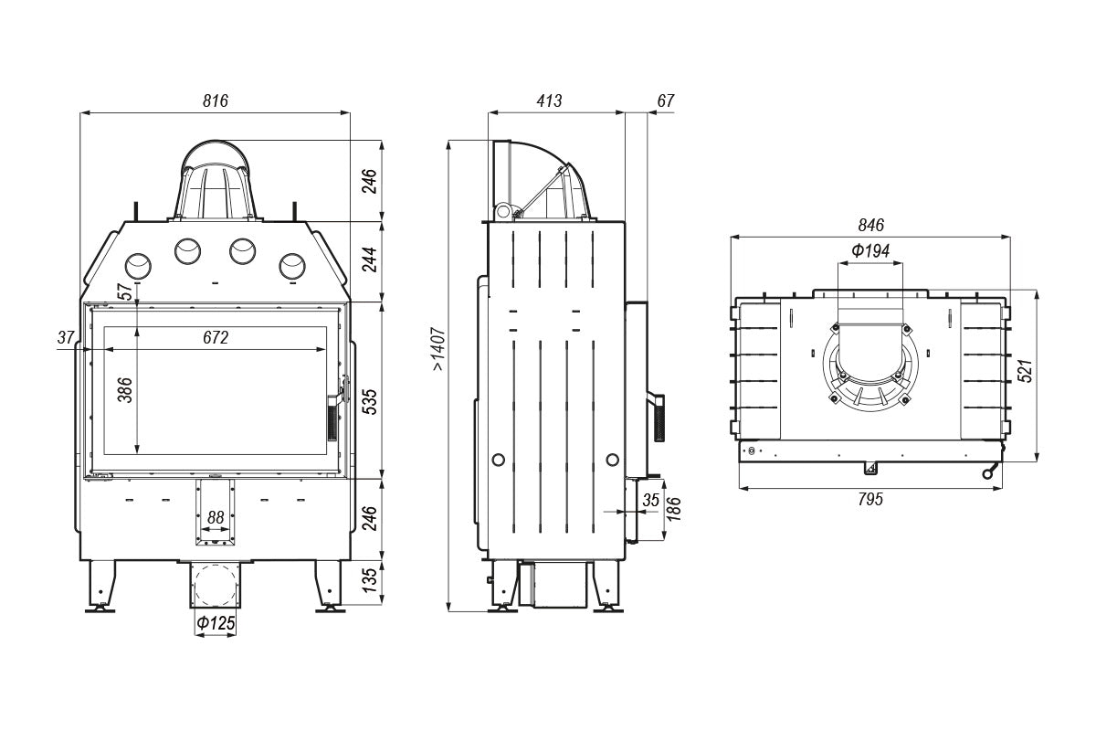 Insatskaminen Intra ME - Bild på Intra ME kaminens tekniska ritning från EuroFire