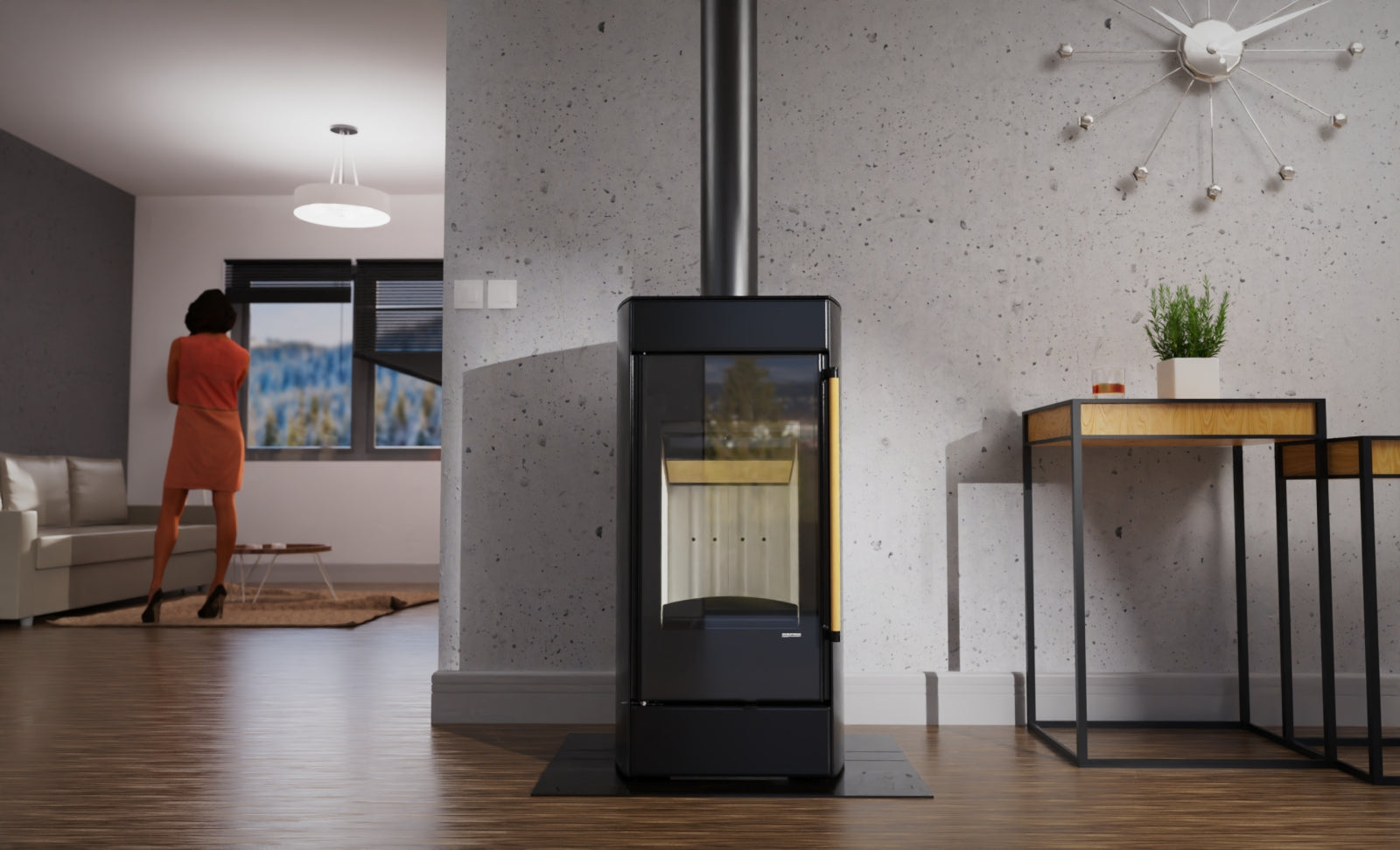 HydroFire - Miljöbild av kaminen HydroFire vattenmantlad vedeldad braskamin från EuroFire, braskamin, kamin, eldstad, vedkamin, modern kamin, designkamin, klassisk braskamin, hörnkamin, täljstenskamin, gjutjärnskamin, stålbraskamin, pelletskamin, installera kamin i Skåne, kamininstallation Malmö, kamininstallation Lund, kamininstallation Helsingborg, kamininstallation Kristianstad, kamininstallation Ängelholm, installatör av kamin, skorstensinstallation, montage av braskamin, kamin med glaslucka,