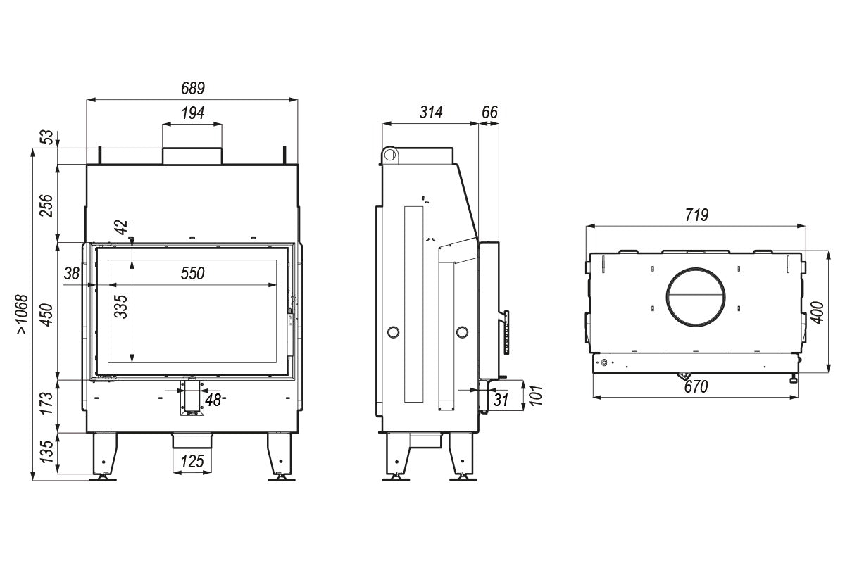 Impuls SM - Teknisk ritning för den vedeldade insatskaminen Impuls SM från EuroFire
