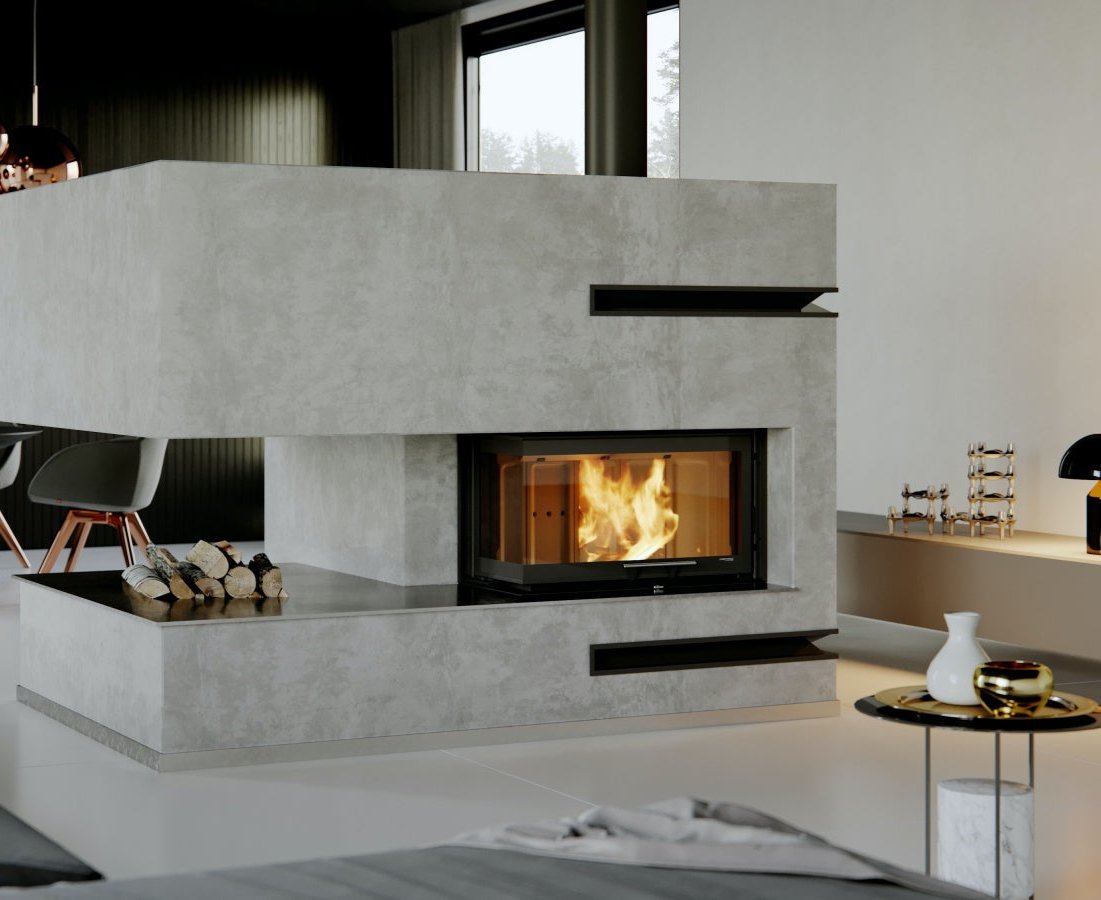 Elegant insatskamin Intra ME BL Slim G med sidoglas - bild på den kraftfulla och eleganta insatskaminen Intra ME BL Slim G med sidoglas och med keramik i vit färg i eldstaden från EuroFire