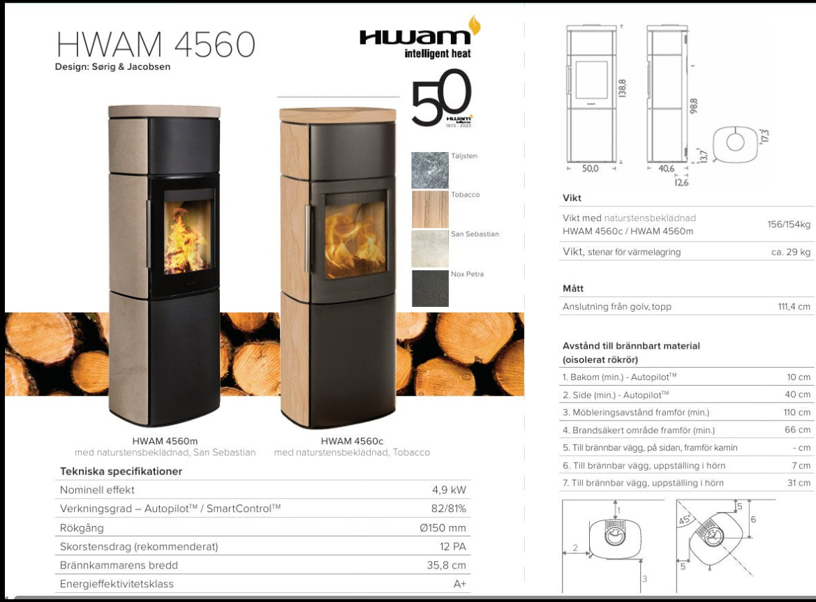HWAM 4560c med steinklädnad, Terrastone